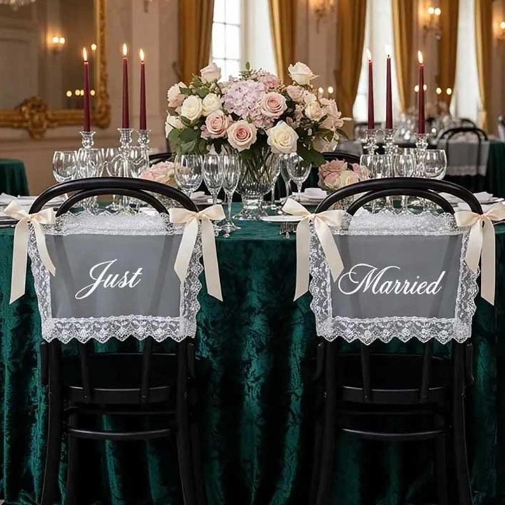 2PCS French Romantic Wedding Chair Back Lace Cover Reusable Creative Strap Chair Cover Multi Purpose Wedding Chair Decoration