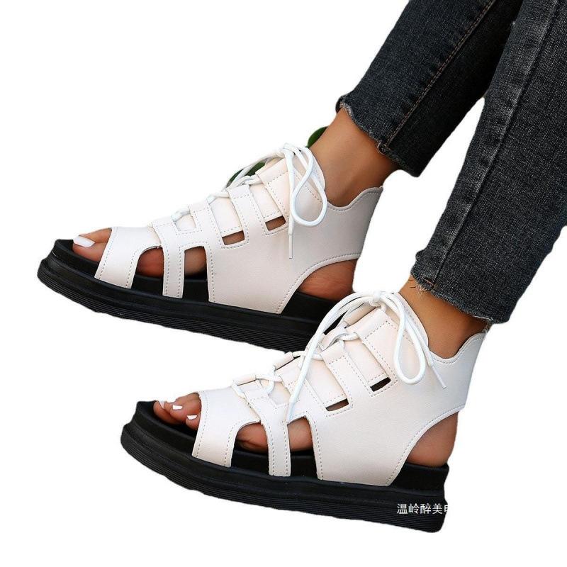 European and American thick-soled hollow lace-up sandals summer Roman style fish mouth muffin beach cool slippers