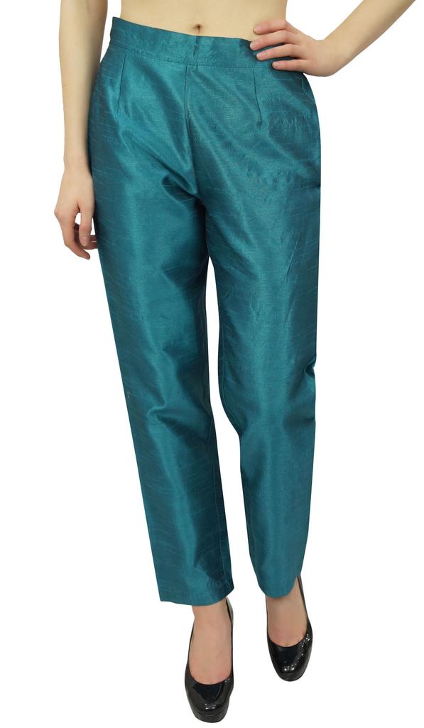 Phagun Women's Beige Dupion Pants High Waist Narrow Bottom Trousers-Large