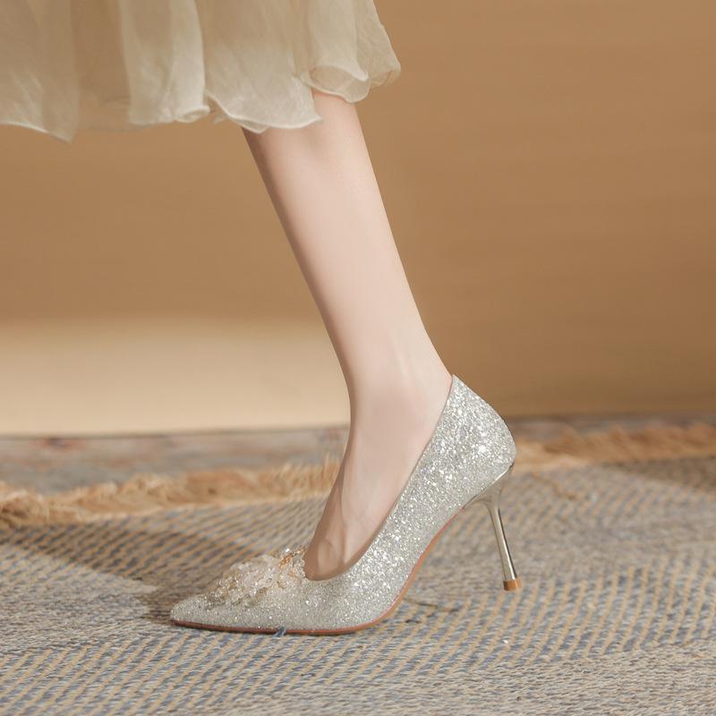 High heels are not tired of feet, silk sequins, flower shoes, thin heels, women's shoes, versatile pointed single shoes, sandals, women's summer