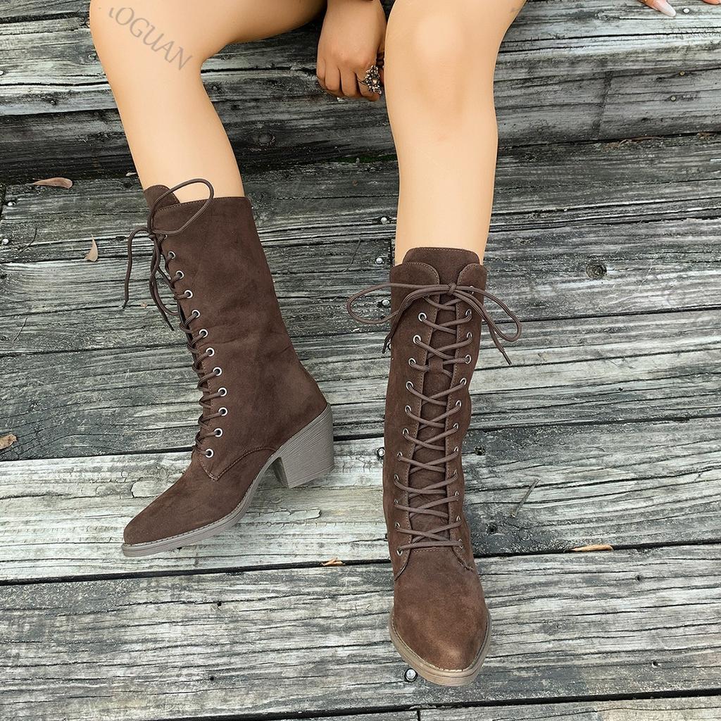 Fashion 2025 Autumn L New Pointed Head Suede Mid-calf Boots for Women Black Coffee Chunky High Heels Women's Shoes Front Lace Up Boats