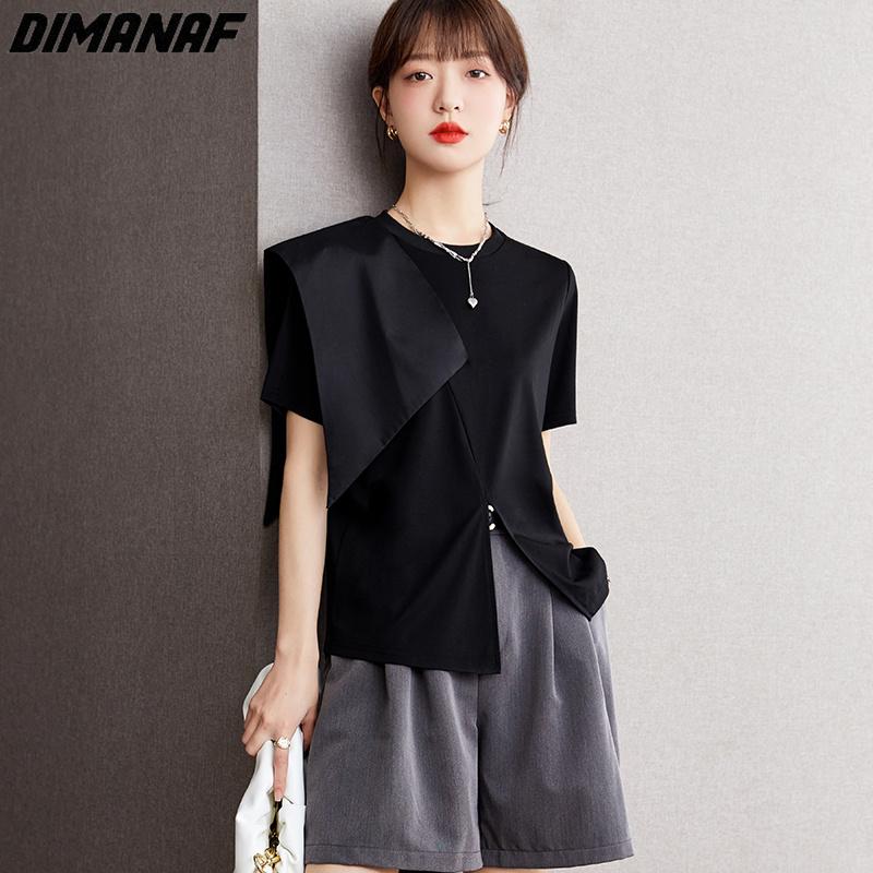 

DIMANAF 2023 женская футболка повседневные топы свободные футболки с круглым вырезом черные лоскутные летние модные с короткими рукавами
