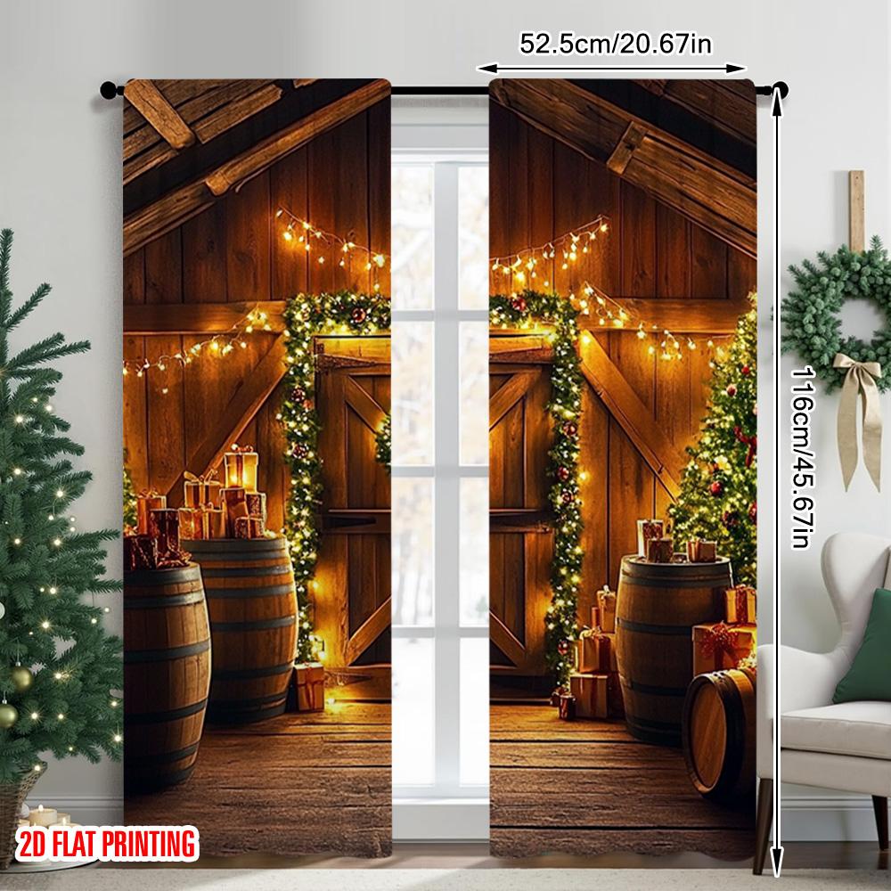2 Stück 2D-Flachdruck Weihnachtsparty-Vorhang Weihnachtsscheune Szene Vielseitiger Polyesterstoff Ohne Strom Festlich