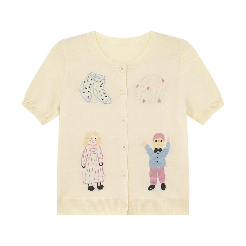 Women s Round Neck Short Sleeve Cartoon Jacquard Cardigan Loose Fit French Style Knit Top Casual Summer Blouse XS