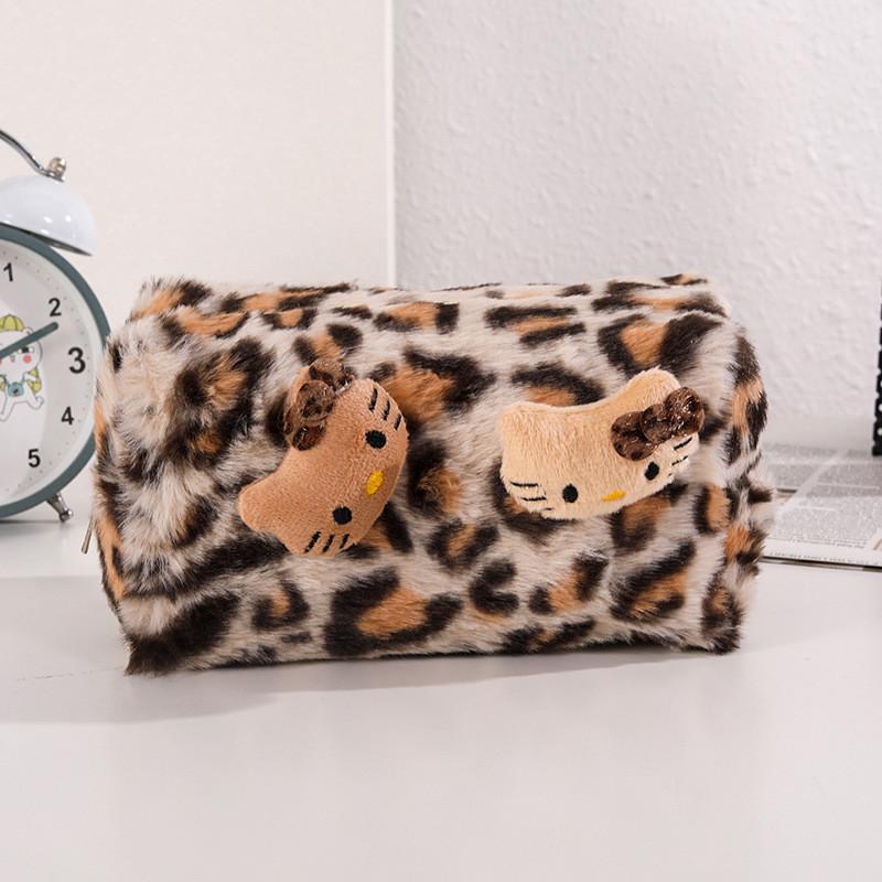 Pink Leopard Print Plush Makeup Bag With Large Capacity For Travel And Storage