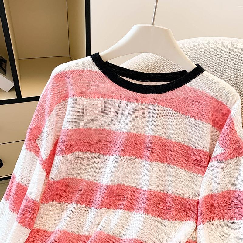 Sunscreen casual contrasting striped long-sleeved t-shirt knitted thin top trendy