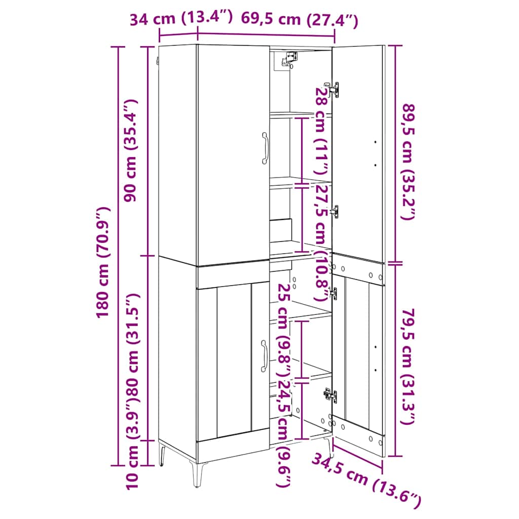 Wall Mounted Highboard Reclaimed Wood Look 69.5 x 34 x 180 cm Engineered Wood