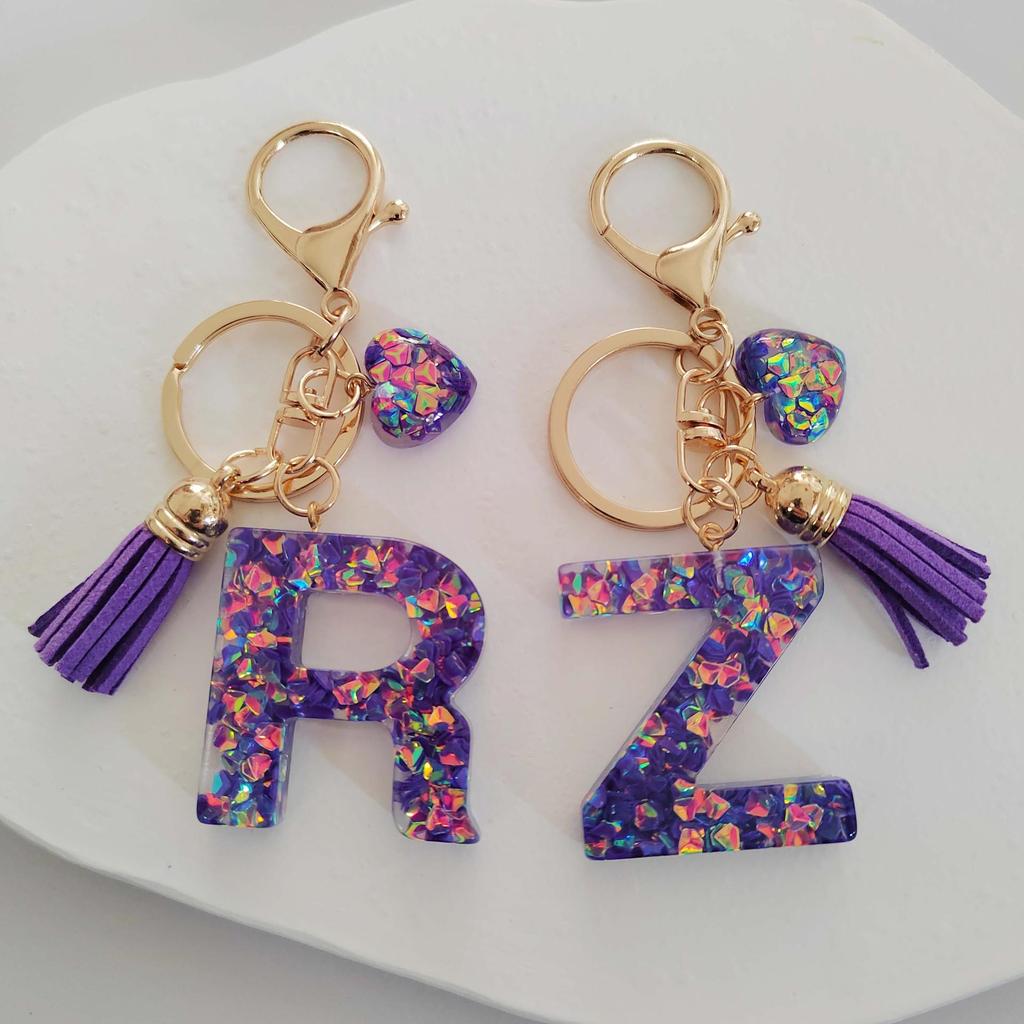 Candy Color Sequin Letter Keychain with Iridescent Heart and Tassel Charm