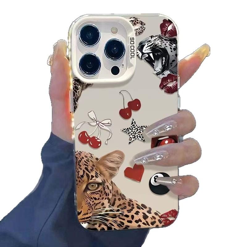 Luipaard Kers iPhone Hoesje voor 13, 14, 15 Pro, 16 Pro & 17 - Europese/Amerikaanse Stijl High-end Ontwerp