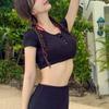 1011 Swimsuit Women's Short Sleeve Blouse Three-point Bikini Three-piece Neck Gathering Beach Vacation Swimsuit