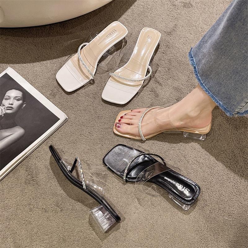 Rhinestone Transparent Cool Slippers Women's 2025 New Versatile Summer Medium Heel Thick Heel High Heel Fairy Style Sandals
