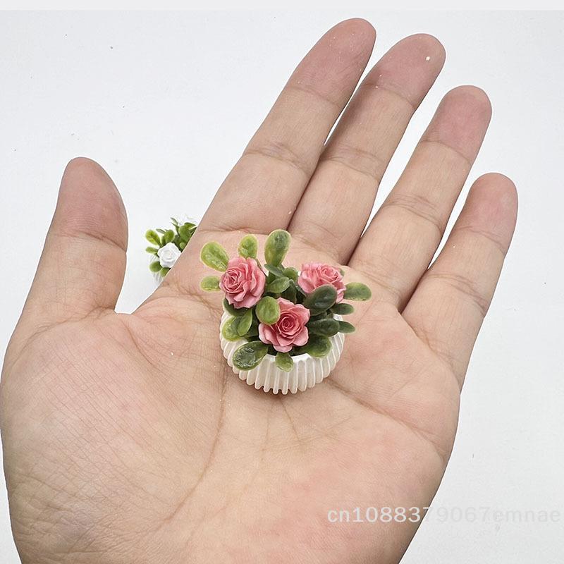 [ZYAS]1Pcs Doll House Living Room Scene Decoration Mini Rose Plant Potted Plants Model Miniature Landscape Handicrafts