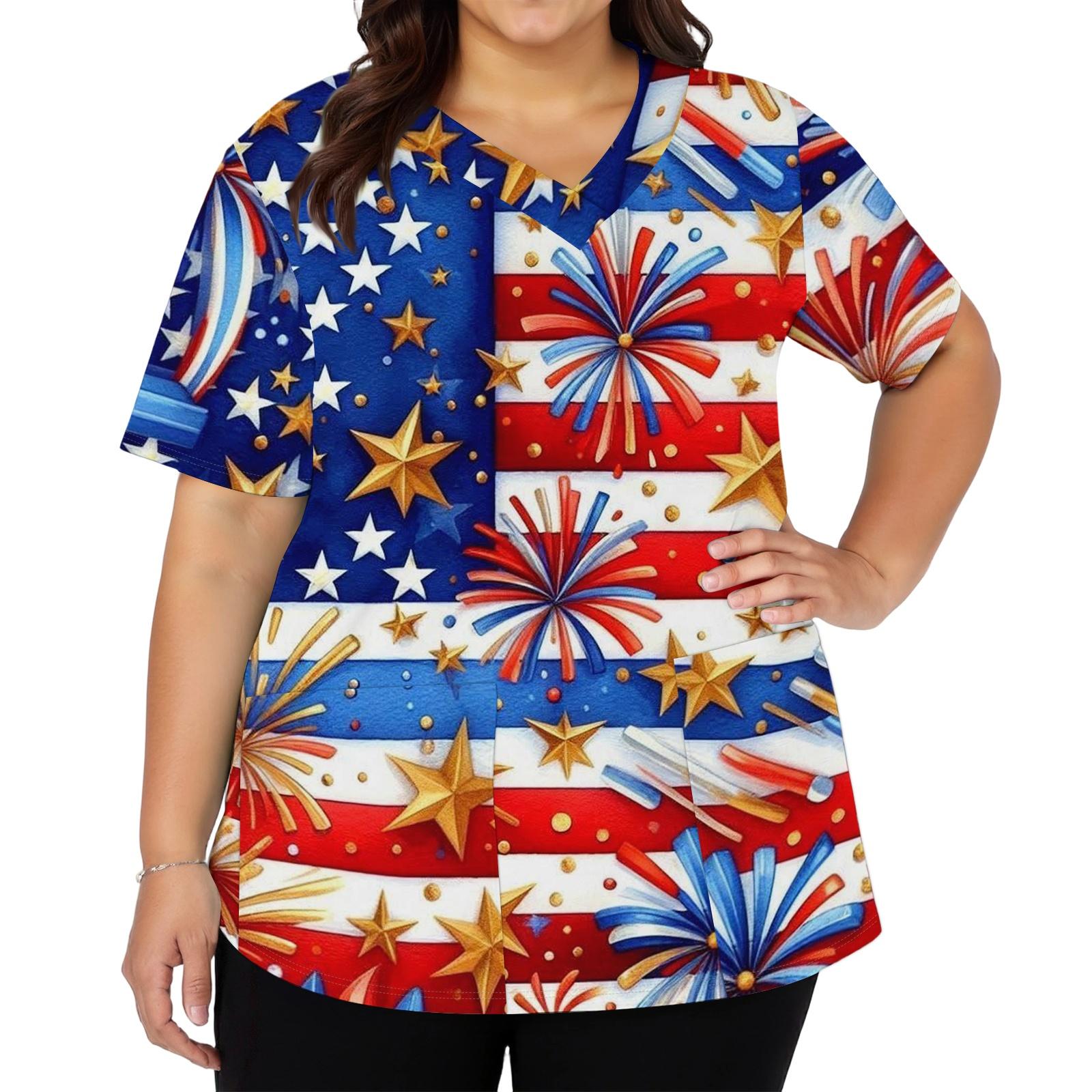 

Женская модная повседневная рабочая рубашка с принтом американского флага и звезд к Дню независимости, с V-образным вырезом, короткими рукавами, разрезами по бокам и карманами L темно-синий