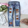 Women's Mid Rise Straight Leg Distressed Halloween Pumpkin Ghost Patch Print Long Denim Pants Summer Street Jeans