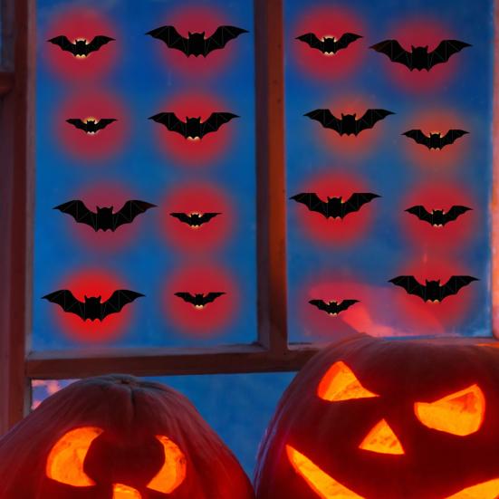 16 Pcs Lighted 3D Bat Sticker LED Halloween Bat Decorative Wall Sticker Light Up Glowing Bat Clings for Bedroom Window Wall Decor