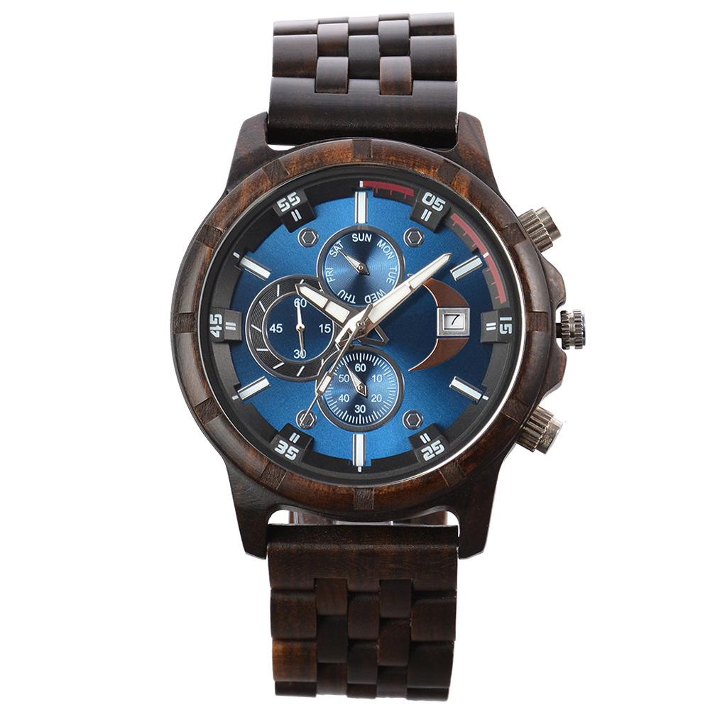 

Мужские кварцевые деревянные часы со светящимся многофункциональным большим циферблатом