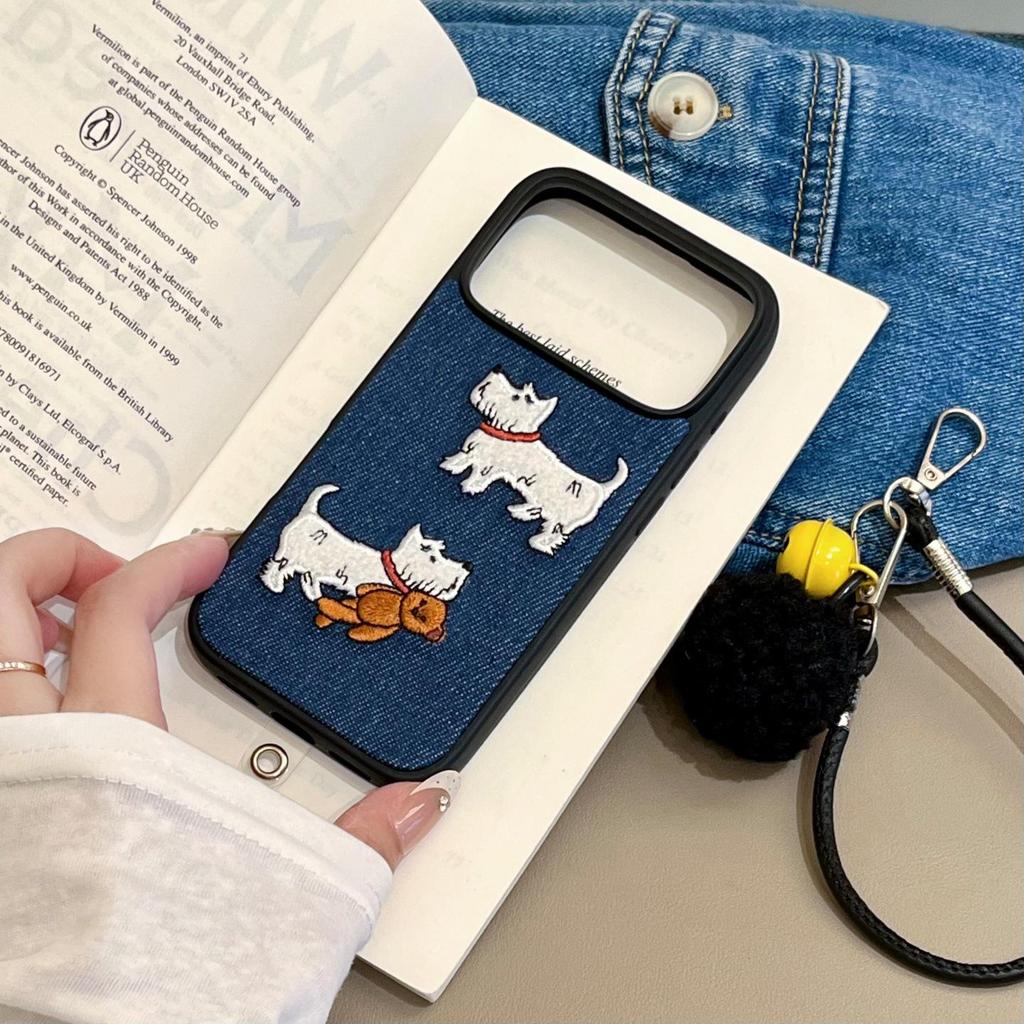 Plush Embroidered Denim Dog iPhone 16/15/14/Pro Max Case with Hand Strap