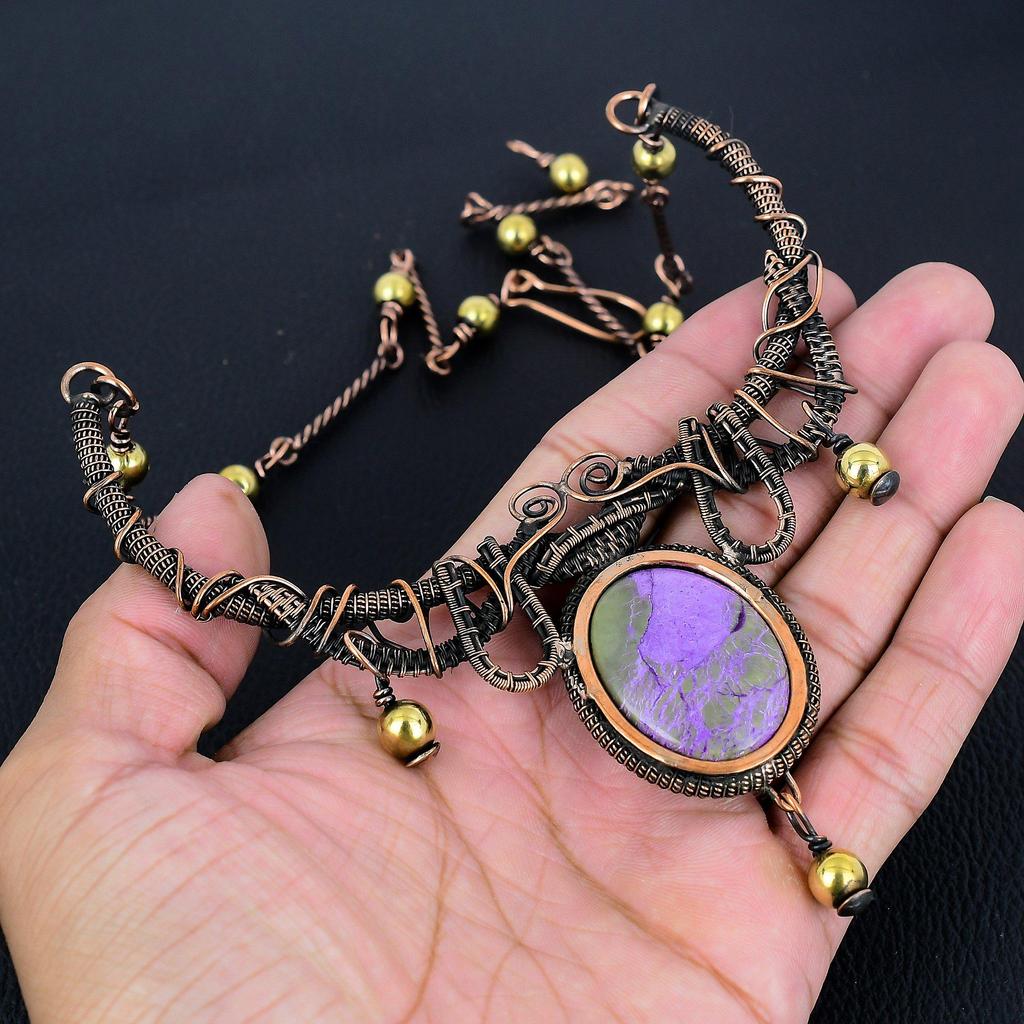 Purpurite, 999 Copper Wire Wrapped Necklace with Adjustable Chain, Handmade Gemstone Jewelry Necklace For Memorial Day