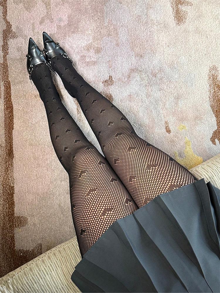 S Women'S Plus Size Sexy Pantyhose Fishnet Hollow Out Dark Black Cool Niche Design Sense Slightly Transparent Slim Stockings