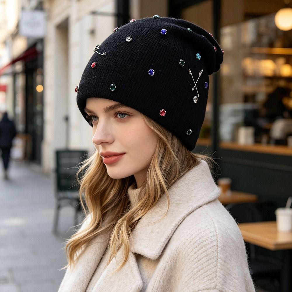 Windproof Winter Hat Colored Rhinestone Knitted Pullover Cap Casual Beanie Hat for Women