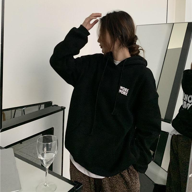 Women Long Sleeve Hooded O Neck Loose Pullovers Female Tops Solid Color Sweatshirts