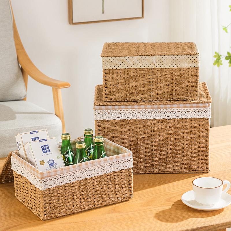 Rattan Woven Storage Basket with Lid - Cosmetics Organizer & Snack Box
