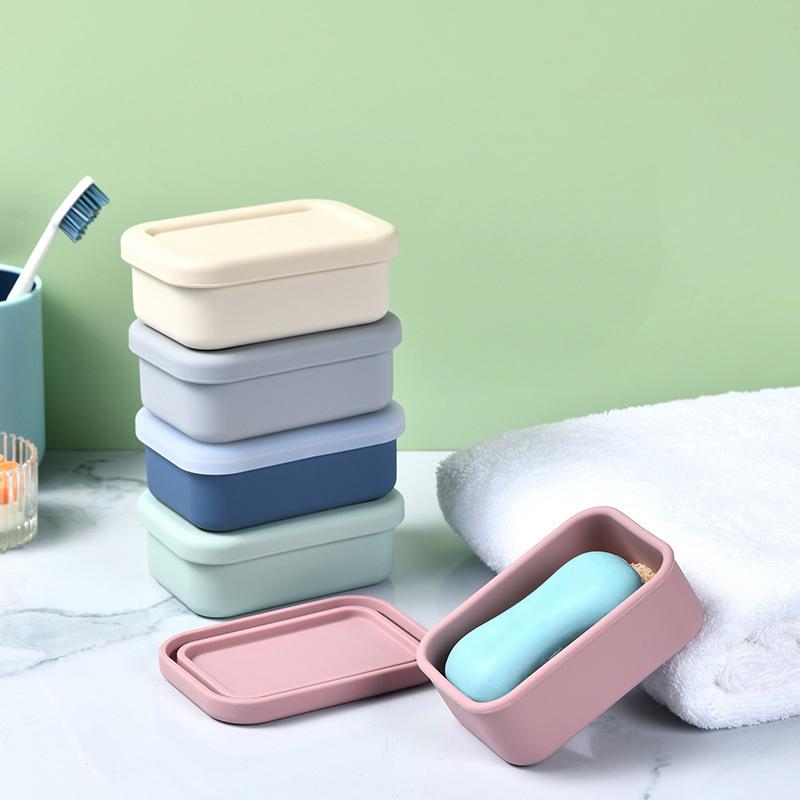 Portable Square Travel Soap Box with Lid Silicone Drain Soap Dish High Quality Self Draining Storage Box Outdoor Travel