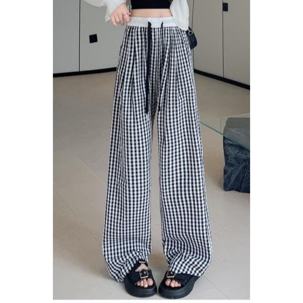 Women's High Waist Plaid Wide Leg Pants Loose Fit Casual Comfy Summer Lounge Trousers