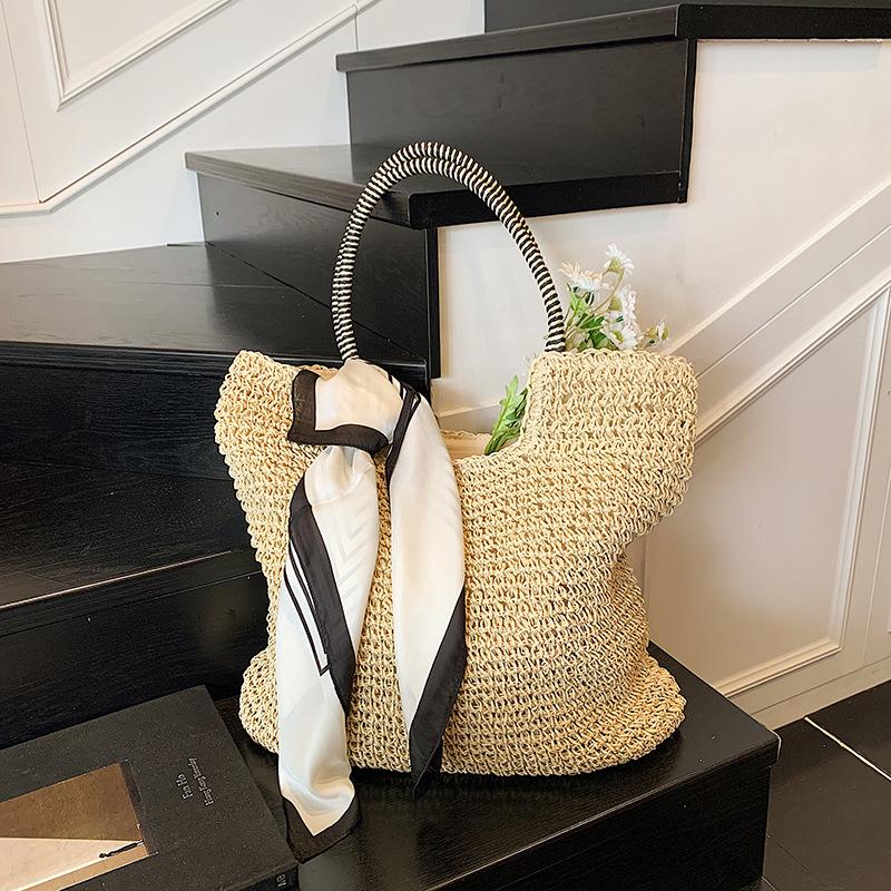 

Retro shoulder bucket bag simple fashion woven bag beach bag women s seaside vacation wind tote bag without silk scarf бежевый