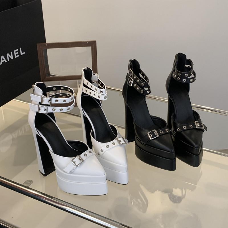 Fashion Runway style 15cm Ultra High heels Platform Wedges Women Pumps Fashion Rivet Ankle Strap Thick Heeled Spring Summer Chunky Shoes