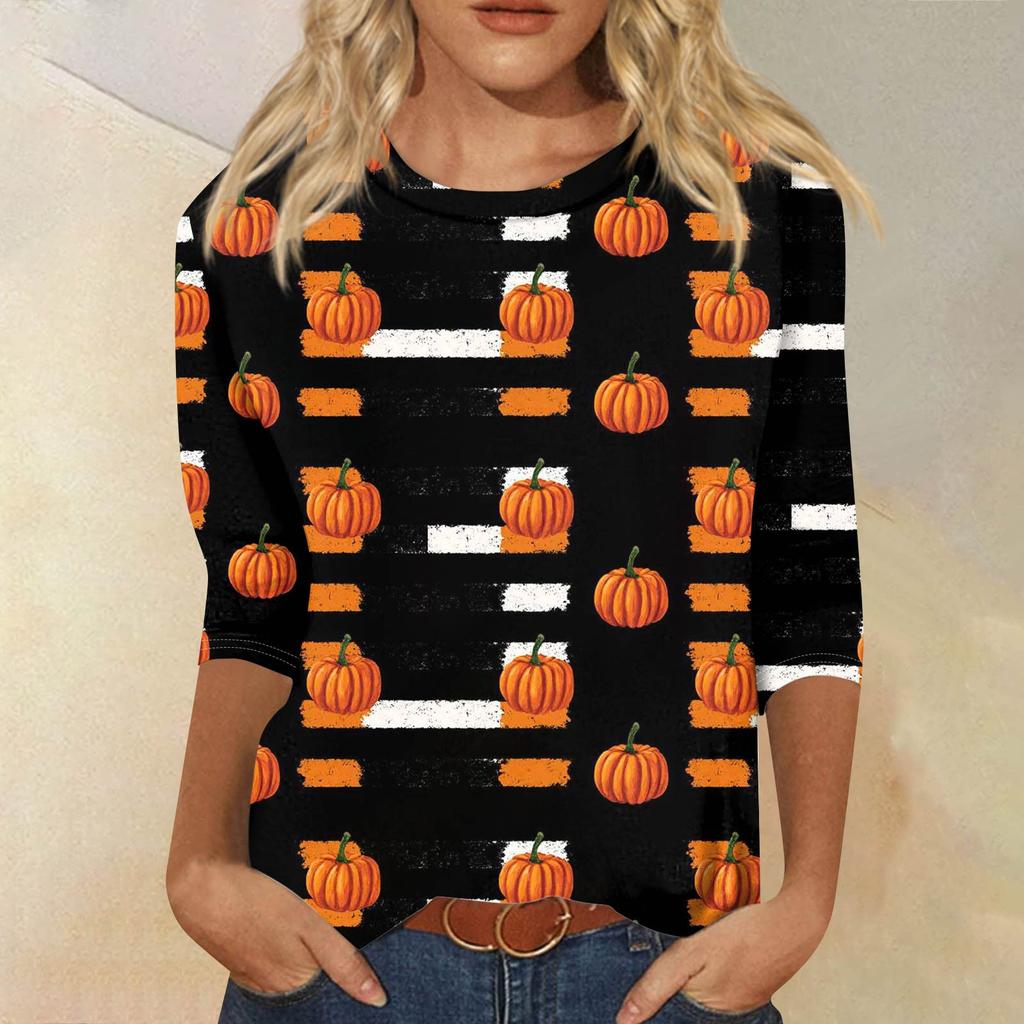 Women's Fashionable Casual Three-Quarter Sleeve Halloween Print Round Neck Top