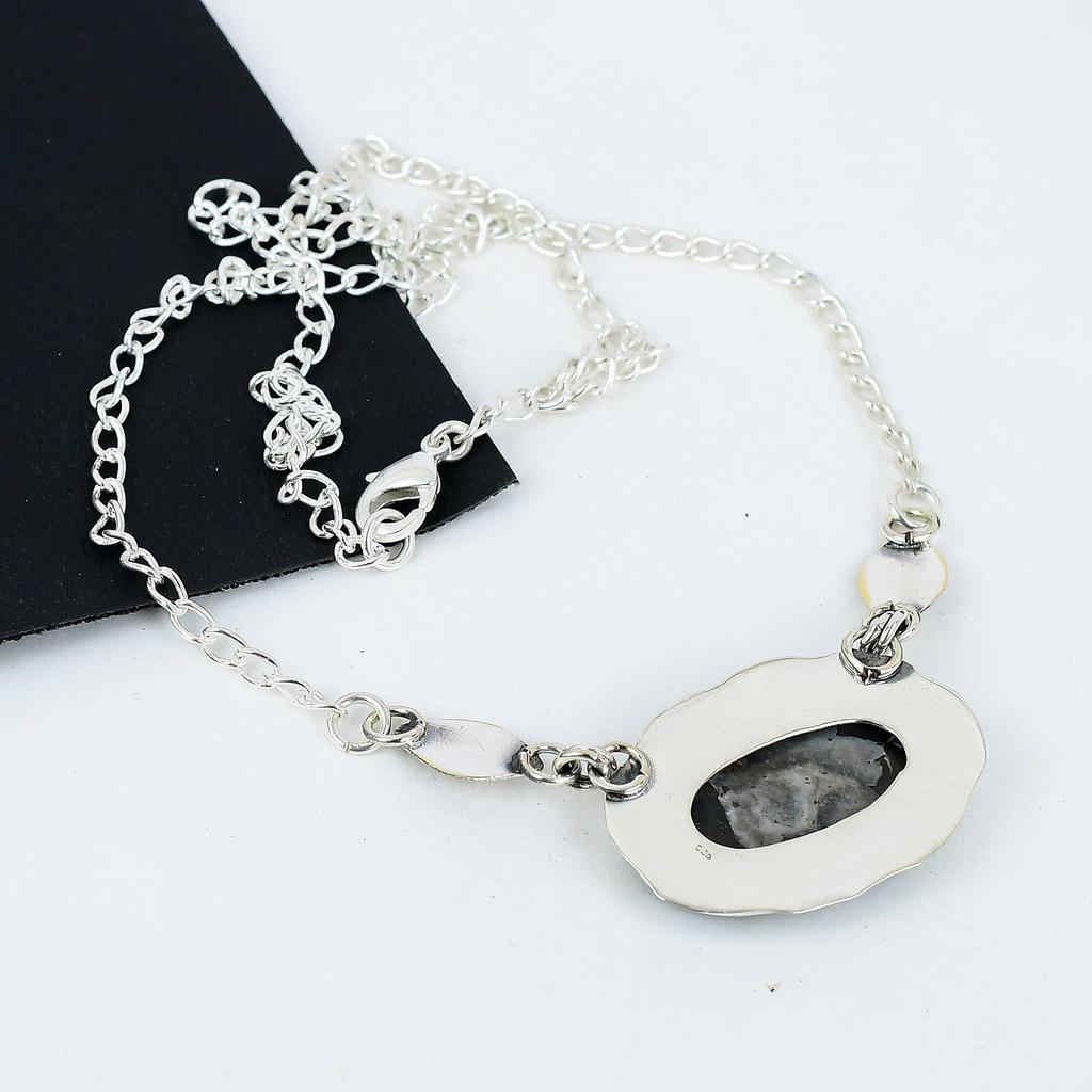 Natural Mud Crack Jasper Gemstone Handmade 925 Sterling Silver Electroform Necklace, Mud Crack Jasper Silver For Wife Unisex Pendant Birthday Gift