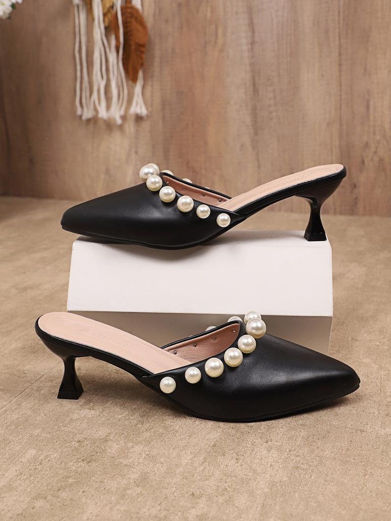 New Sweet Pearl High-heeled Slippers Summer New Pointed Toe Mules Half Baotou Slipper Beige Black Outside Heeled Sandal Slides