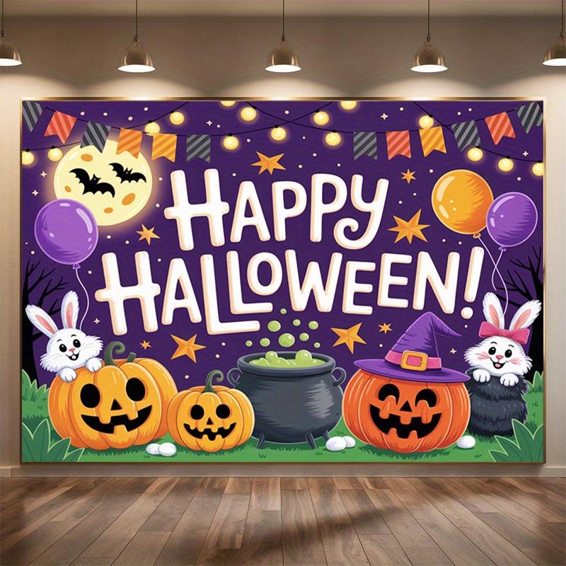1 Happy Halloween! Polyester banner decoration - Ghost lanterns, bats and witch hats design