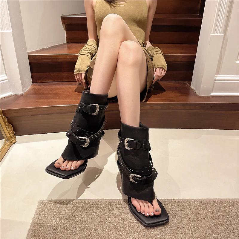 Women's clip toe cool boots 2025 fashion rivets metal buckle open toe mid-calf boots casual high heel square head boots sandals