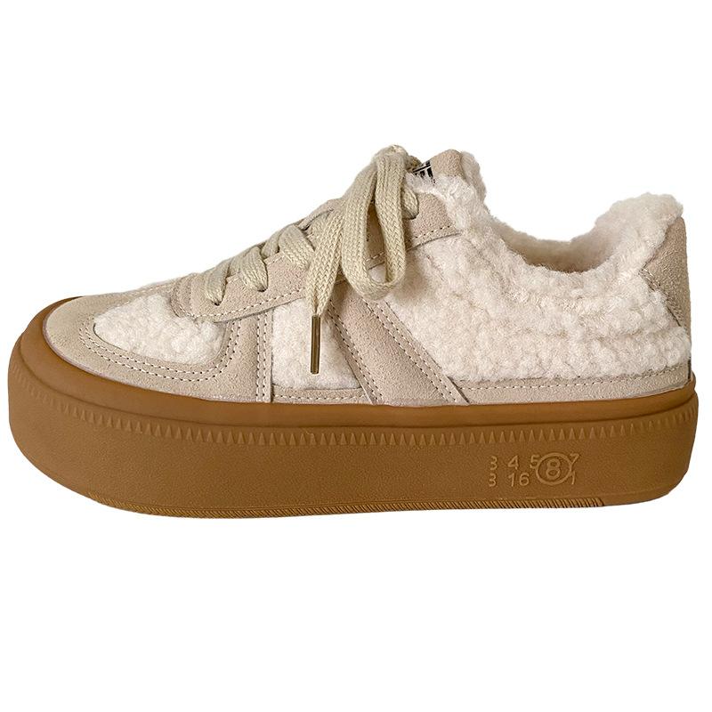 

LZ6030 latex insole lamb wool thick-soled German training board shoes women s big head winter warm 2024 white shoes cotton shoes 40 бежевий
