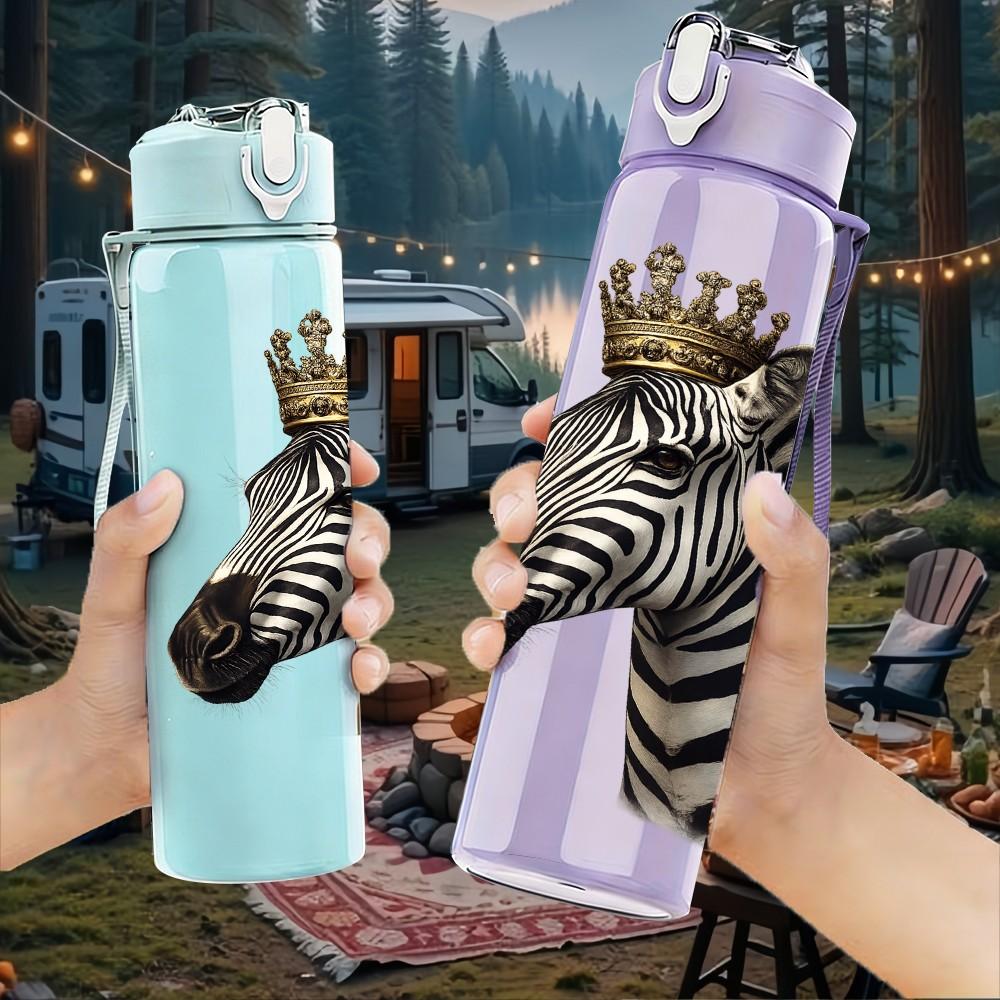 1PC Zebra With Crown Cute Animal Print 750ml Color Plastic Sports Water Bottle Leakproof Flip Straw Lid Suitable for Sports Office Home Use