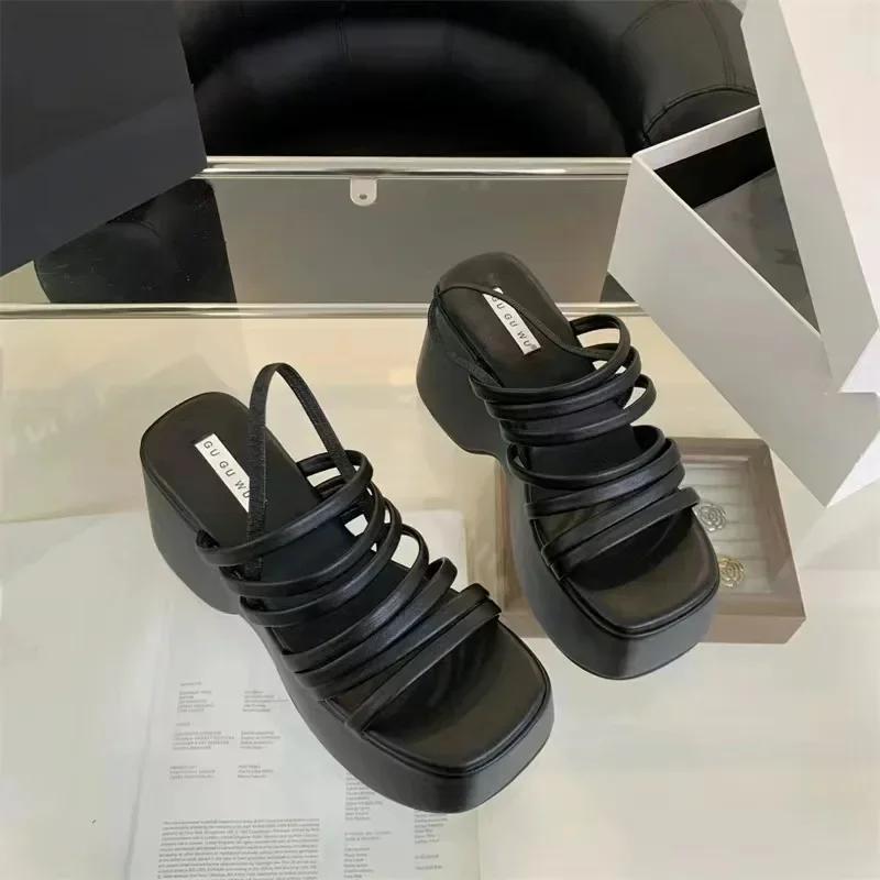 Women's Summer Chunky Heels Sandals New Strap High Heeled Slippers Woman Black Slip on Casual Platform Sandalias Mujer
