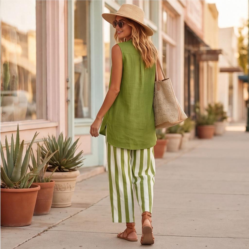 Sleeveless Button Front Blouse and Wide Leg Striped Pants Two Piece Set for Women Casual Loose Fit Summer Outfit