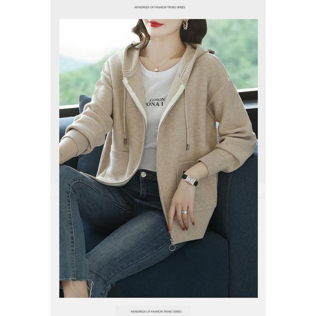 Spring and Autumn Hooded Knitted Top, Casual and Fashionable, External Zipper Sweater, Cardigan Jacket, Women's