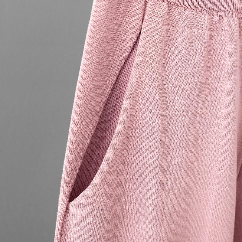 Women's Ice Silk Knitted Suits Summer O Neck Short Sleeve Long Pants Large Two Piece Set