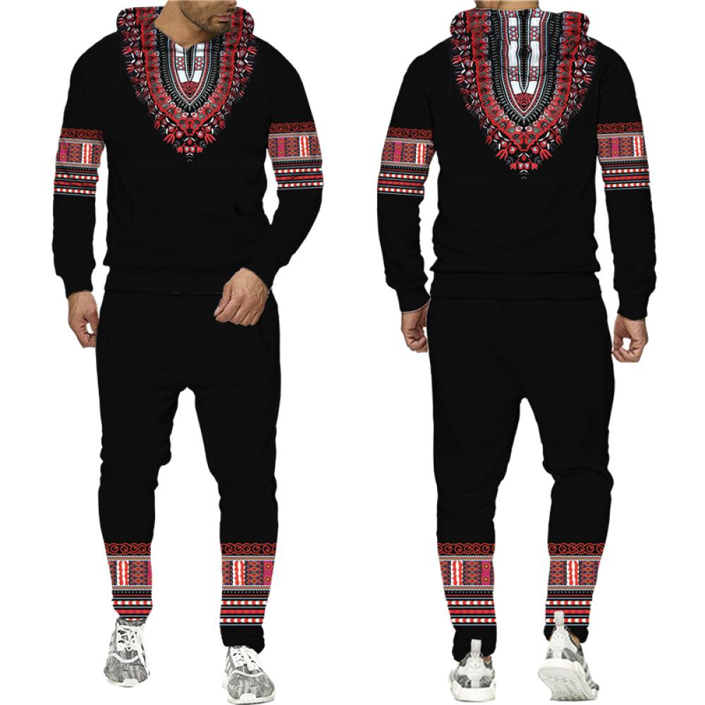 Afrikanischer Dashiki-Hoodie/Anzug für Herren, lässig, 3D-gedruckt, Ethno-Stil, Sweatshirt, Hose, Set für Herren/Damen, Folk-Custom Streetwear-Trainingsanzug
