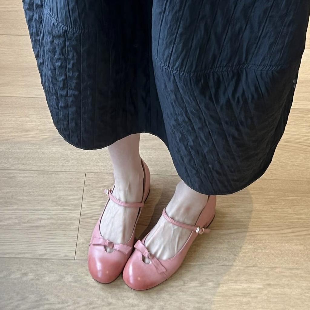 Sheepskin version~ retro leather shoes French light mouth single shoes women's thick heel bow versatile black Mary Jane shoes