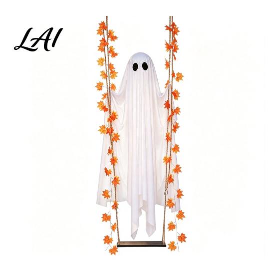 Autumn Porch Hanging Ornaments Halloween Swing Ghost Light Up Outdoor Swinging Ghost with Maple Leaf Remote Control Prop Vine Lights And for