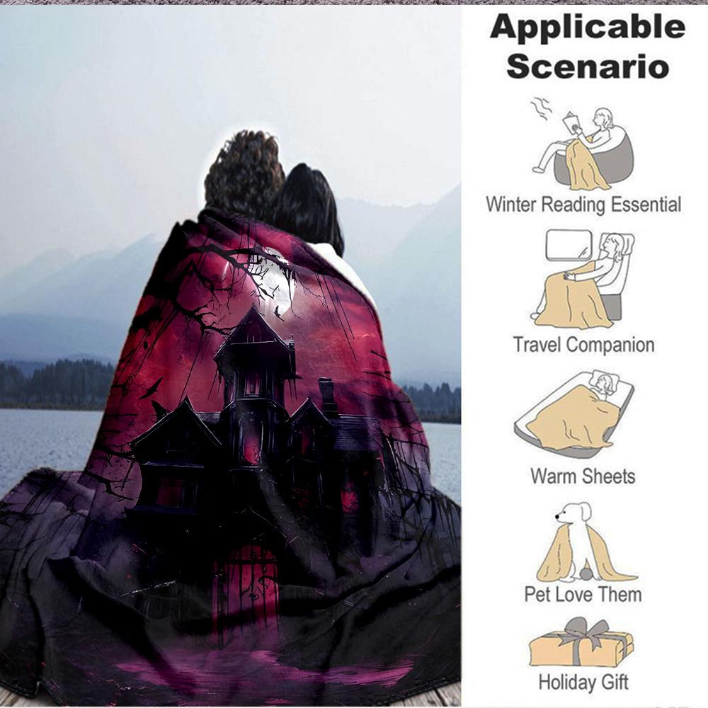 1pc Haunted House Moonlit Blanket, Lightweight Flannel Throw Blanket for Sofa, Bed, Travel, Camping, Living Room, Office, Couch052