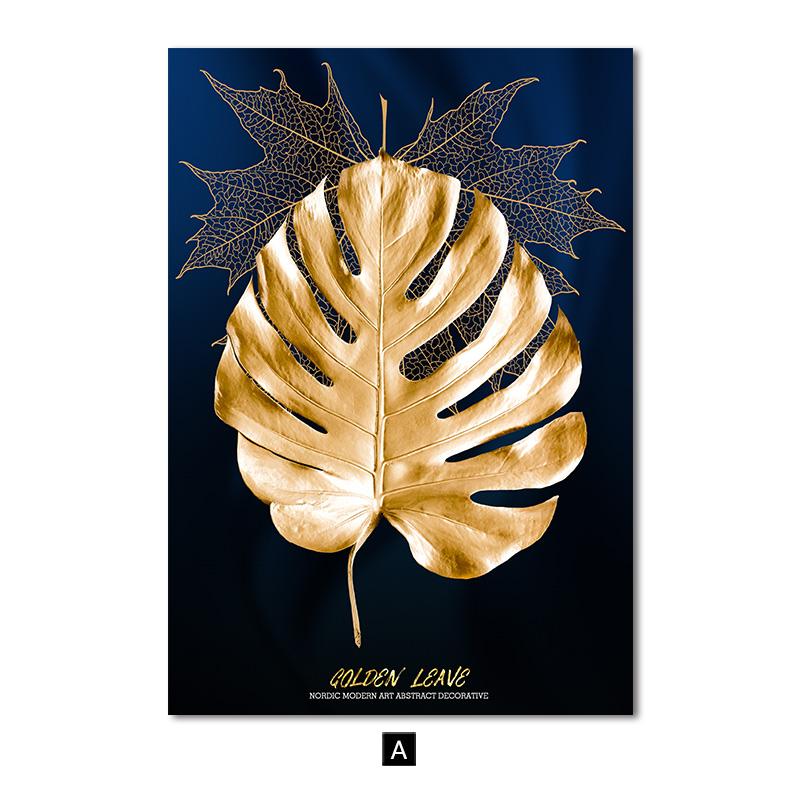 Folhas azuis douradas flor rosa nórdico cartaz moderno abstrato impressão da arte da lona pintura fotos de parede para sala estar decoração