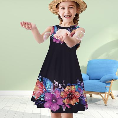 Sommer Ärmellose Rundhals Westenkleider Prinzessinkleider Niedliches 3D-Druck Blumenmuster Mädchenkleider