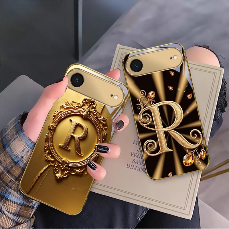 Gorgeous letter gold "R" For IPhone 17Pro Max 16 17 Pro 15 Pro 14 13 Plus 12 Mini 11Pro Max XR 16E 17Air Golden glass phone case