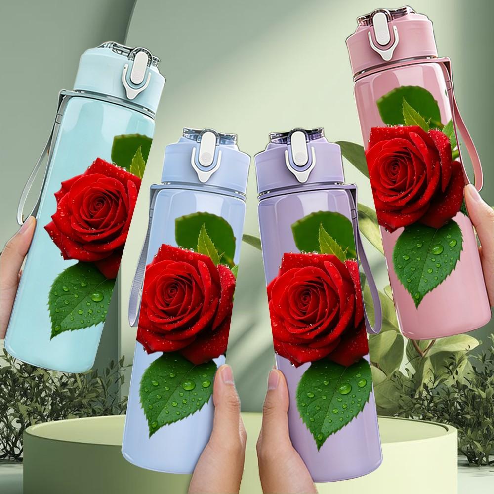 1PC Single Vivid Red Rose Bloom Print 750ml Color Plastic Sports Water Bottle Leakproof Flip Straw Lid Suitable for Sports Office Home Use
