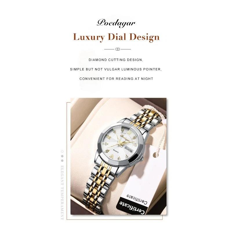 POEDAGAR Luxury Ladies Wristwatch Luminous Waterproof Date Week Woman Dress Watches Stainless Steel Watch Quartz Clock+Box